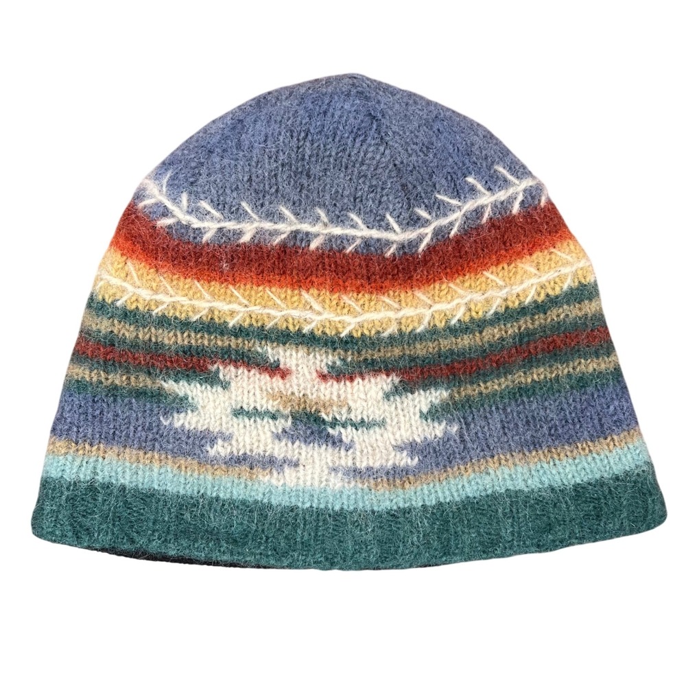 Lost Horizons Hand Made Wool Fleece Lined Beanie Hat Nepal Multi-Color Striped